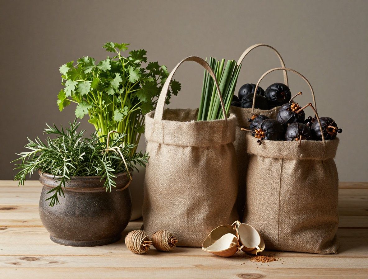 Sortiment av torkade örter, frön och bär på ett träbord med mjukt naturligt ljus: timjan, kummin, hagtornsbär och koriander ordnade konstnärligt