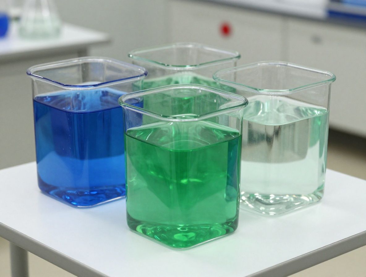 Laboratorieglasvara med transparenta vätskor i blå och gröna nyanser, arrangerade på ett vitt bord mot en ren bakgrund i ett modernt vetenskapligt utrymme
